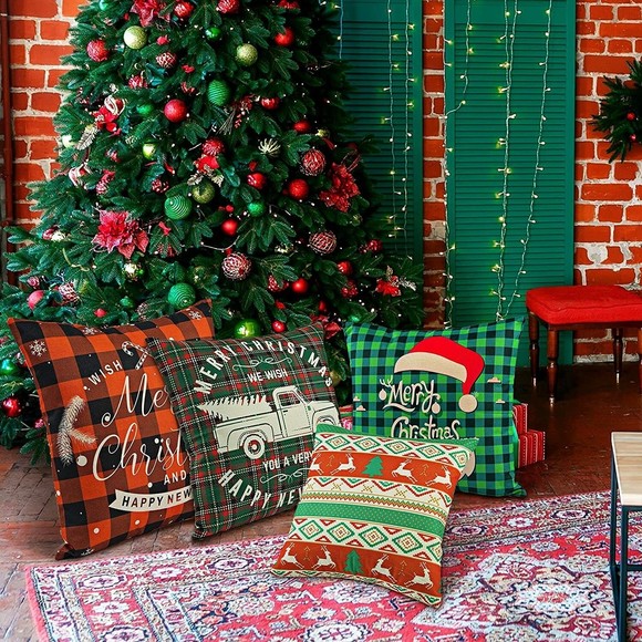Christmas Pillow Covers 18x18 Set of 4, Ceephouge Rustic Christmas Plaid Pillow - Picture 2 of 6